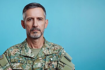 Wall Mural - Military soldier in uniform on blue background