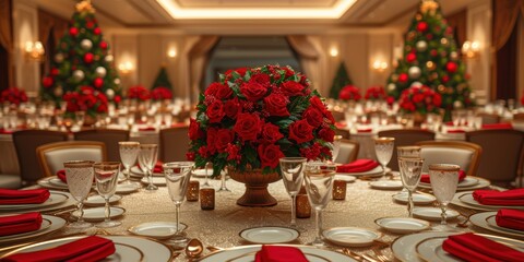 Lavishly decorated luxurious banquet hall with elegant table settings and festive holiday decorations featuring red roses and evergreen arrangements