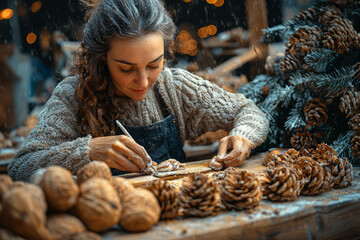 Aufkleber - A person working on a craft project, enjoying the tactile experience and time involved. Concept of slow living.