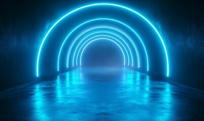Abstract tunnel, corridor with rays of light and new highlights. Abstract blue background, neon. Scene with rays and lines