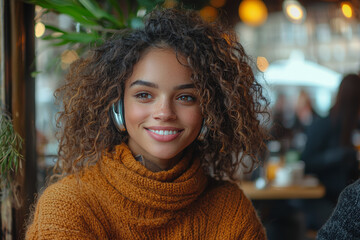 Sticker - A person using a hearing aid enjoying a conversation at a cafe, promoting inclusivity in social settings. Concept of communication.