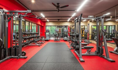 A modern gym with red decor and comprehensive fitness equipment, creating a dynamic and invigorating environment designed to enhance a variety of workout routines