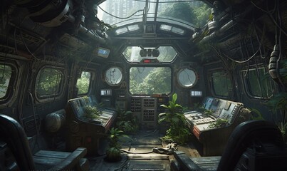 Abandoned futuristic control room overgrown with lush vegetation