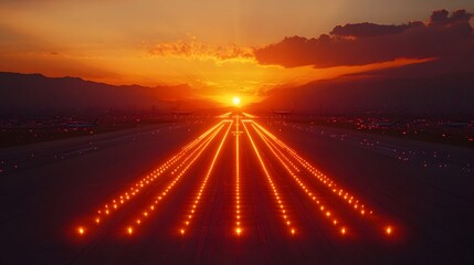 sunset runway illuminated by guiding aircraft takeoff amid weather conditions