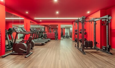 A modern gym with red decor and comprehensive fitness equipment, creating a dynamic and invigorating environment designed to enhance a variety of workout routines