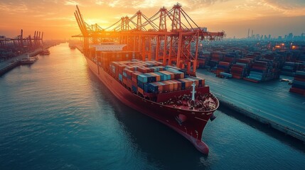 Aufkleber - A large container ship sails through a bustling port at sunset, surrounded by numerous shipping containers and towering cranes against a vibrant sky.