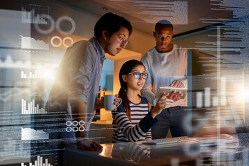 Poster - Programmer, graphs and dashboard overlay at night with staff and database developer team with software development. Planning, conversation and web statistics with it people and coding strategy