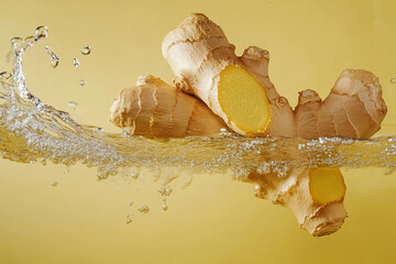 Wall Mural - Ripe ginger falling into water on yellow background