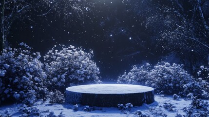 Poster - In a serene forest clearing during a winter night, fresh snow blankets the ground and bushes. Snowflakes gently fall, creating a peaceful and magical atmosphere in the moonlight.