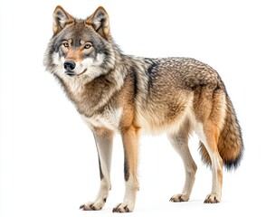  A lone grey wolf stands on a white background, looking directly at the camera.