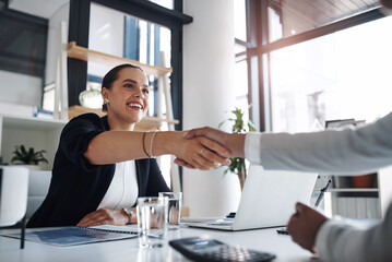 Sticker - Office, businesswoman and client with handshake for agreement, finance deal or partnership with smile. Accounting firm, employees and teamwork with shaking hands for thank you, welcome or negotiation