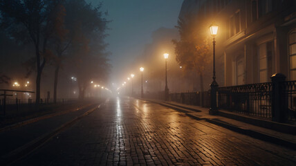 Romantic foggy night walk with street lights (diffused, toned). 