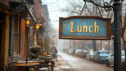 A charming street scene in a quaint town with a vintage Lunch sign on the foreground, warmly inviting pedestrians to explore nearby establishments