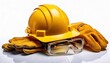 © blackdiamond67 - Yellow hard hat, headphones, safety glasses and gloves displayed on white background