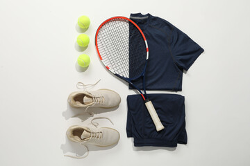 Canvas Print - Flat lay composition with tennis racket and balls on light background