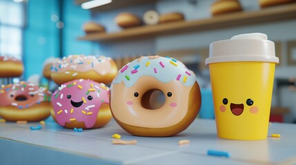 Wall Mural - Smiling donuts and a coffee cup with sprinkles on a table.