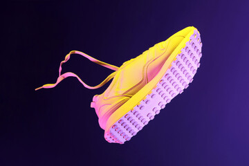 Sticker - Stylish sneaker in air against dark purple background in neon lights