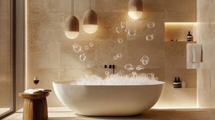 Poster - A spacious bathroom features a large bathtub filled with bubbles, surrounded by natural stone walls. Soft pendant lights illuminate the space, creating a tranquil atmosphere for relaxation.
