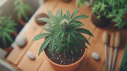 Potted cannabis plant in a natural setting.