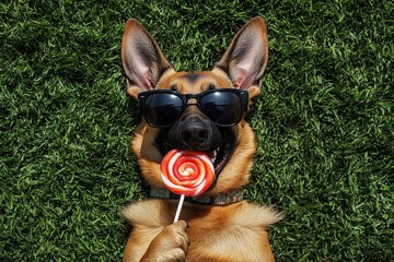 Wall Mural - Cute german shepherd dog with sweet lollipop lying on green grass