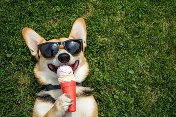 Cute corgi dog with ice cream lying on green grass