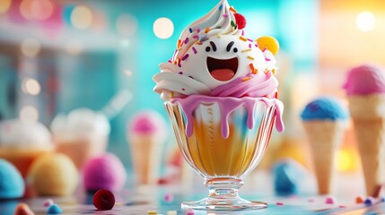 Wall Mural - Smiling ice cream sundae with sprinkles in a glass bowl.