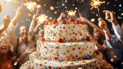 A festive celebration with large cake adorned with berries and sparkles, surrounded by joyful people