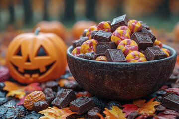 Wall Mural - A bowl of candy with a mix of chocolates and sweets, ready for trick-or-treaters. Concept of celebration.