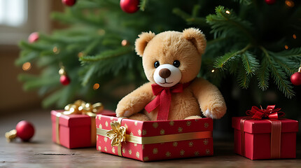christmas teddy bear sits colorful gift box evergreen tree