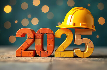the numbers 2025 are made of bricks on a festive background. new year greeting card with yellow cons