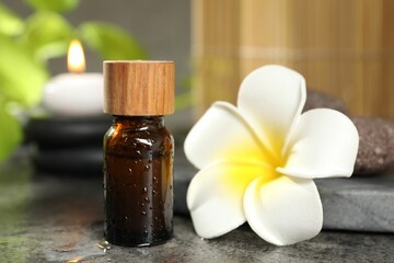 Poster - Spa composition with bottle of cosmetic product, plumeria flower and burning candle on grey table, closeup