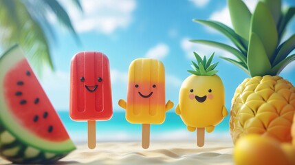 Wall Mural - Smiling popsicles and a pineapple on a beach with blue sky and palm trees.