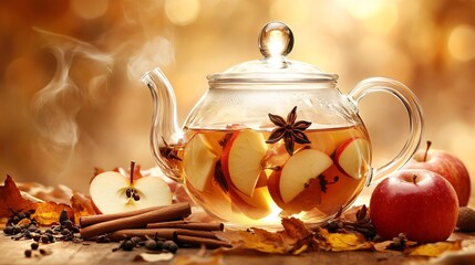 Poster - Clear teapot filled with cinnamon sticks, cloves, and fresh apple slices, isolated against a warm autumnal backdrop with leaves scattered