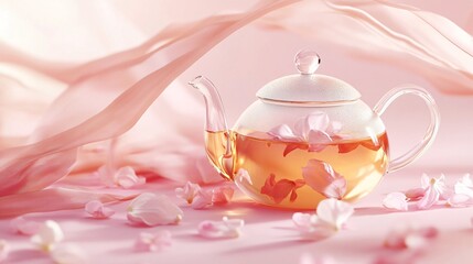 Poster - Glass teapot brewing jasmine tea with floating petals, isolated on a pale pink backdrop with decorative silk ribbons