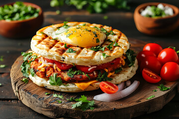 Grilled chicken sandwich with a side of vegetables. The sandwich is piled high with meat and vegetables, and it looks delicious