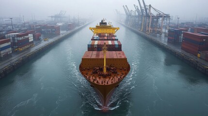 Aufkleber - A container ship makes its way through a misty port, flanked by high cranes and an array of colorful cargo containers, creating a bustling maritime scene.