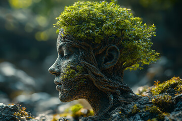 Poster - a tree growing out of a person's head, symbolizing mental health and the growth of knowledge. concep