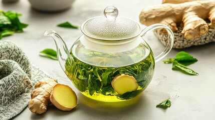 Poster - Glass teapot filled with loose green tea and visible ginger root slices, isolated on a light grey background with decorative tea towels