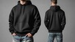 © Khalil - Mockup of black hoodie with pocket, zip fastener on posing guy in jeans, isolated on background. Men's sweatshirt template for design presentation, advertising, print. Set of clothes front, back view