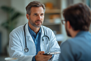 Poster - a stock photo of a doctor consulting with a patient in a hospital room, representing healthcare serv