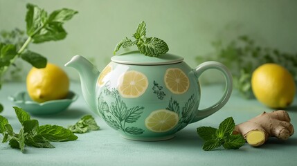 Teapot filled with visible fresh ginger slices and lemon balm, isolated on a pastel green background with decorative sprigs of mint