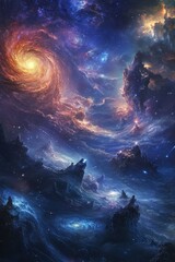 Wall Mural - swirling galaxies among oceanic landscapes