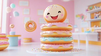 Wall Mural - Stack of donuts with sprinkles and a smiling donut face.