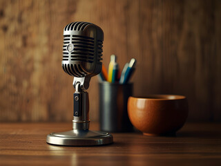 Old vintage microphone on table