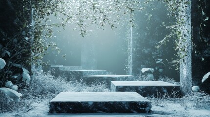 Fototapete - A series of snow-covered stone platforms sit in the middle of a forest. The platforms are surrounded by snow-covered trees and greenery. The forest is shrouded in a light mist.