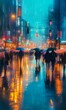 © jambulart - Rainy city street with people under umbrellas.