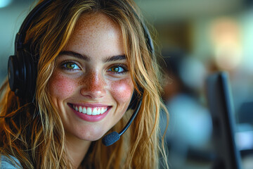 Poster - A smiling customer service representative wearing a headset, symbolizing communication and support. Concept of business.