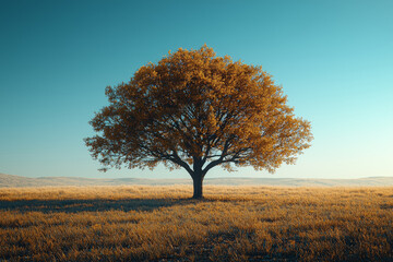 Wall Mural - a single tree standing in a vast open field, representing isolation and growth. concept of minimalis