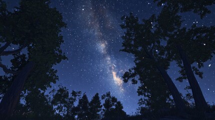Wall Mural - a view of a night sky with the milky way and trees, ai