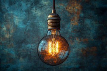 Poster - A single lightbulb hanging from a ceiling, symbolizing ideas and clarity. Concept of minimalism.